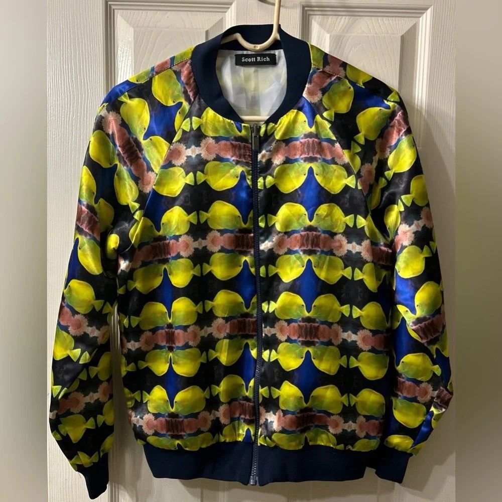 Scott Rich yellow tang fish print bomber  jacket size s